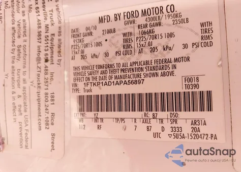 2010 Ford Ranger Xl/Xlt z USA, uszkodzony, nr VIN 1FTKR1AD1APA56897